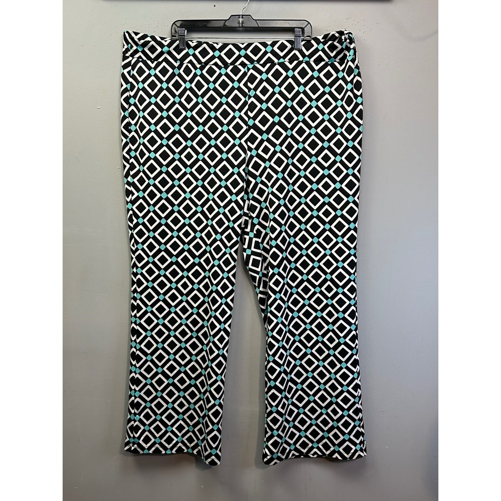 Kim Rogers Pants Women 3X Black White Geometric Diamond Pull On Wide Leg Stretch
